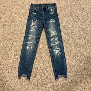 American Eagle Outfitters Distressed Dark Blue Hi-Rise Jegging Crop Skinny Jeans